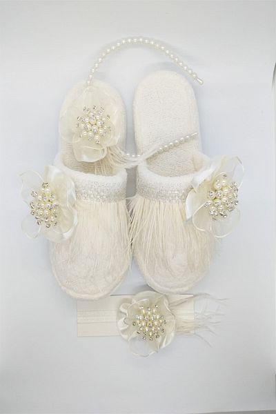 Melkady Aksesuar 018kr- 3-Piece Bridal and Maternity Set, Camel Feather, Pearl Crown and Baby Headband (with Cream Brooch)
