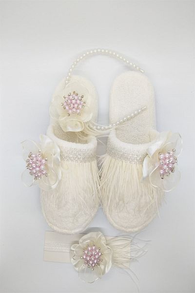 Melkady Aksesuar 018pe- 3-Piece Bride and Maternity Set, with Brooch, Maternity Slippers, Crown with Pearls and Baby Headband (with Pink Brooch)