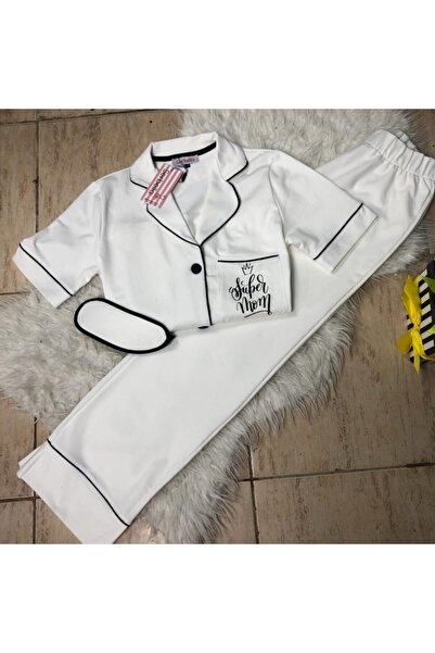 Serbella طقم بيجامة نسائي أبيض بأكمام قصيرة مطبوع عليه Super Mom.