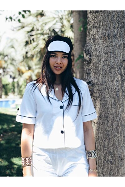 Serbella White Black Piping Short Sleeve Long Bottom Pajama Set.