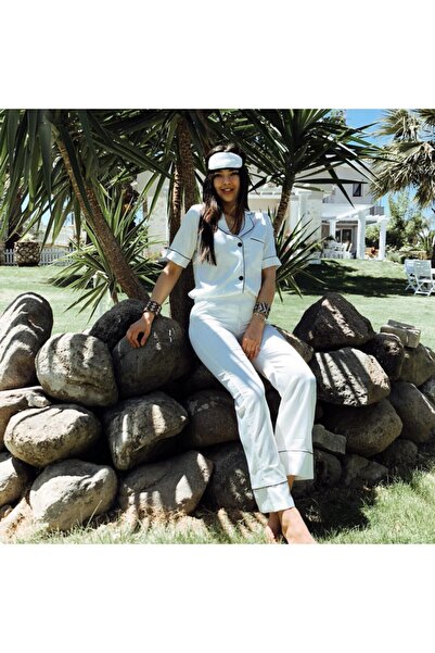 Serbella White Black Piping Short Sleeve Long Bottom Pajama Set.