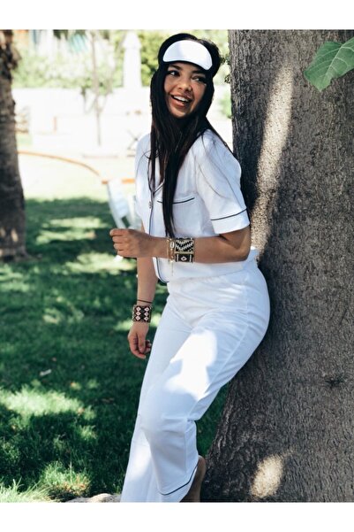 Serbella White Black Piping Short Sleeve Long Bottom Pajama Set.