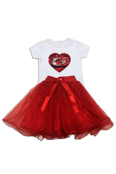 Nisu Tasarım Turkish Flag Heart T-Shirt Skirt Red Tutu Suit April 23 School Shows