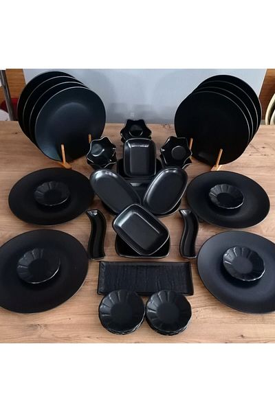 Demet Çeyiz Matte Black Breakfast Set 40 Pieces for 12 People