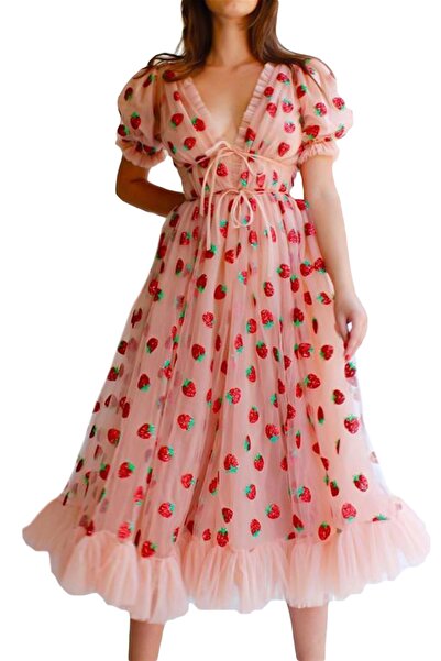 nish for you Kadın Çilek Detay Midi Tasarım Elbise