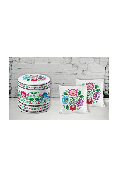 Armi Puf Etnik Çiçekler Desenli Beyaz Yuvarlak Puf+2 Kırlent Kılıfı