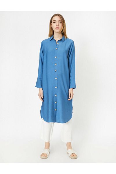 Koton Women's Blue Button Detailed Long Sleeve Tunic