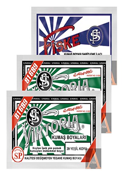 Viktoria Kumaş Boyası 2 Paket Koyu Yeşil+1 Paket  Sabitleyici Fiske