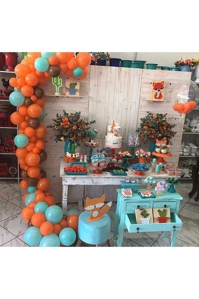MERİ PARTİ 100 Balloon and Balloon Chain Orange Brown Light Blue