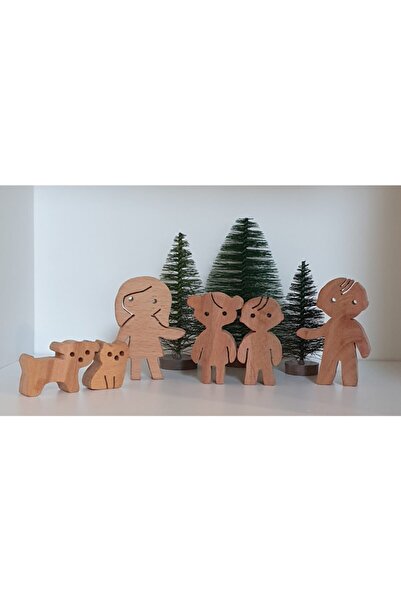 kırtkırt ahşap Family Set of 6 Mother-Father-2Child-Cat-Dog Waldorf Natural Wood