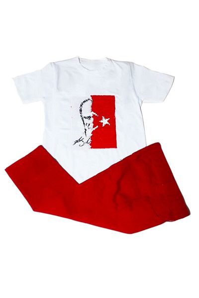 Nisu Tasarım Boys' Ataturk Flag Double Sided Sequin T-Shirt And Red Pants