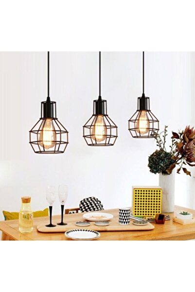 Rsylight Retro Metal Masa Üstü Sıralı Kafesli 3 Lü Rustik Sarkıt Avize 60 cm