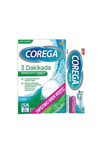Corega 3 Dakikada Temizleyici Tablet 30 Adet ve Tat Içermeyen Yapıştırıcı Kre...