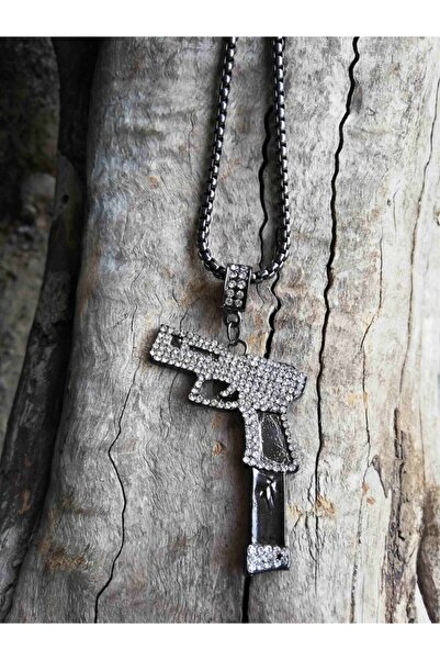 TAKIFİX Taşlı Silah Şarjör Figürlü Paslanmaz Titanyum Füme Renk Erkek Çelik Kolye