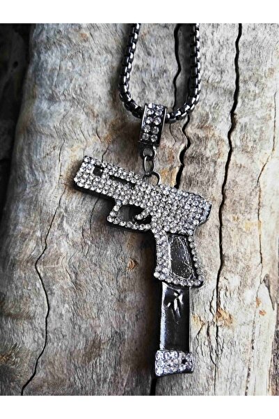 TAKIFİX Taşlı Silah Şarjör Figürlü Paslanmaz Titanyum Füme Renk Erkek Çelik Kolye