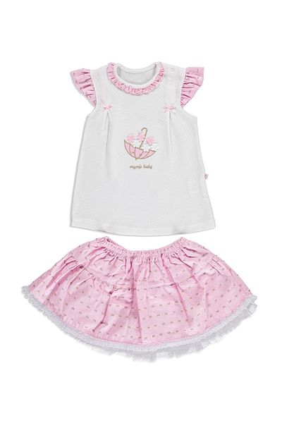 Mymio Floral Print Poplin Umbrella 2-Piece T-Shirt and Shorts Set for Baby Girl - Short Sleeve, Snap Collar