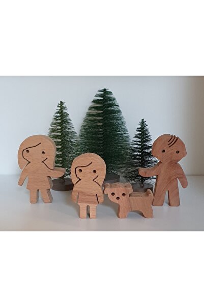 kırtkırt ahşap Family Set of 4 Mother-Father-Child-Dog Waldorf Natural Wood