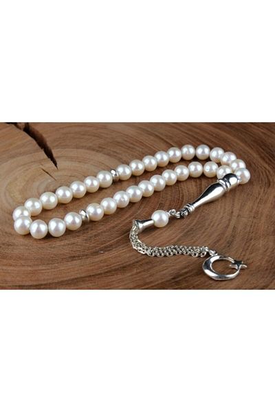 Tesbihsepetim Crescent and Star Pearl Rosary - Special Design with Silver Decoration