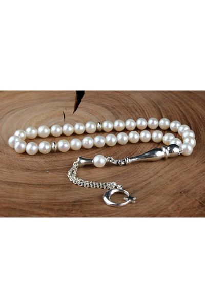 Tesbihsepetim Crescent and Star Pearl Rosary - Special Design with Silver Decoration