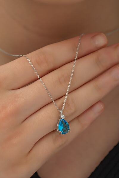 Nereze 925 Ayar Gümüş Aquamarin Taşlı Damla Tektaş Kolye Kadın Gümüş Kolye