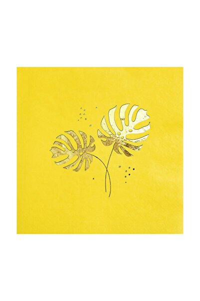 Story مجموعة مناديل ورقية ذهبية اللون منقوشة بأوراق المونسترا 16 عبوة باللون الأصفر 33 × 33 سم