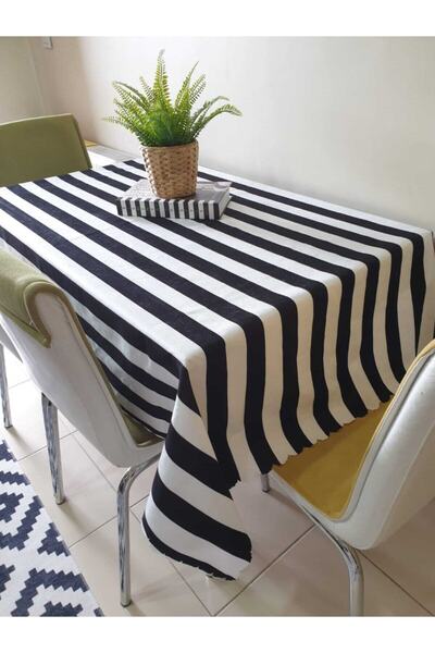 Körfez Kırlent Black-White Striped Tablecloth - Soft and High Quality Suede F...