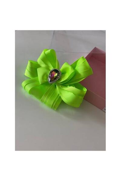 QUEEN AKSESUAR Neon Green Crystal Stoned Bow Mother Girl Baby Gift Clip-on Buckle