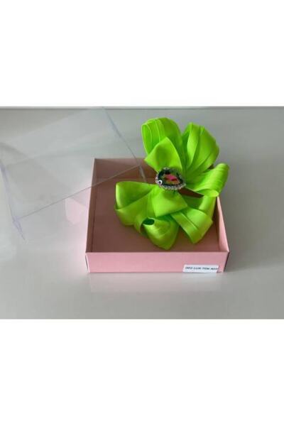 QUEEN AKSESUAR Neon Green Crystal Stoned Bow Mother Girl Baby Gift Clip-on Buckle