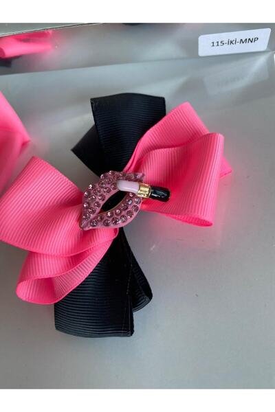 QUEEN AKSESUAR Neon Pink Black 2-Piece Metal Lip Brooch Girl Child Baby Girl Collared Buckle