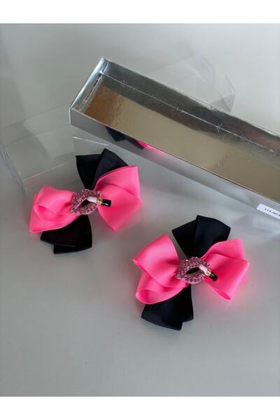 QUEEN AKSESUAR Neon Pink Black 2-Piece Metal Lip Brooch Girl Child Baby Girl Collared Buckle