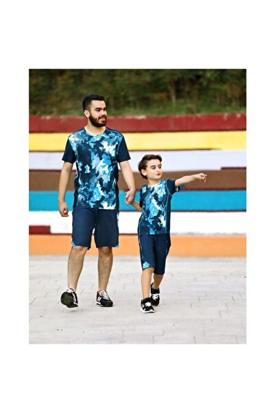 GALLİPOLİ 9673 Men's Camouflage/Navy Blue Pajamas Blue Camouflage Top Shorts 2-Piece Set