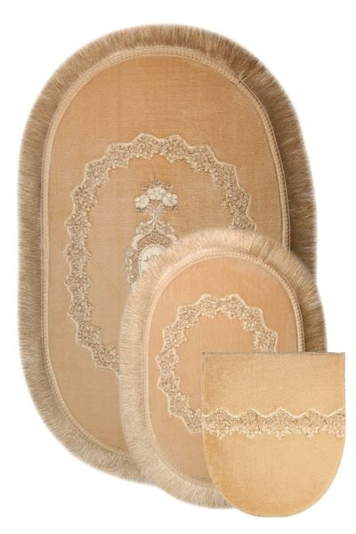 Bonny Home Vizon Exclusive 3 τεμαχίων Οβάλ Προίκα με κρόσσια Γαλλική Δαντέλα Σετ Τουαλέτας Σετ Χαλάκι Μπάνιου