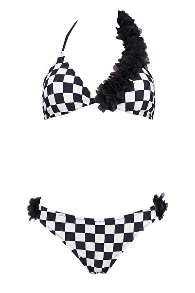 Lovekini Beachwear Queen Bw|b Çiçekli Siyah Beyaz Damalı Çocuk Üçgen Bikini