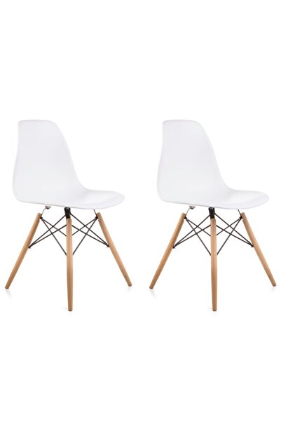 Dorcia Home Yuvarlak Eames Ahşap Ayaklı Ahşap Masa 2 Adet Beyaz Eames Sandalye Seti