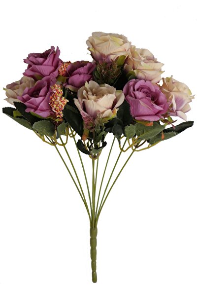 Yapay Çiçek Deposu باقة زهور صناعية مكونة من 9 ورود أرجوانية مكسورة وكريم أرج...