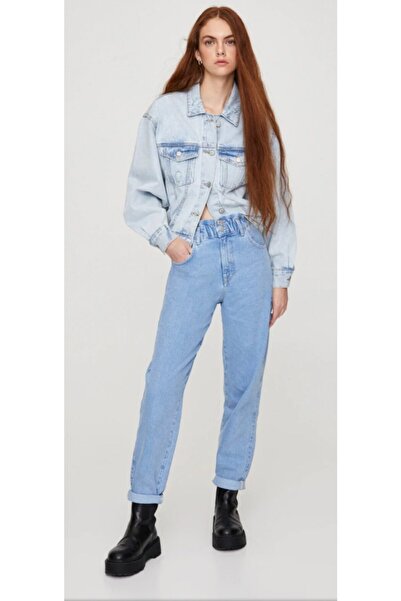 Hepsibitarz Kadın Mavi Mom Jeans Iki Düğmeli Lastikli Bel Denim Kot Orjinal I...