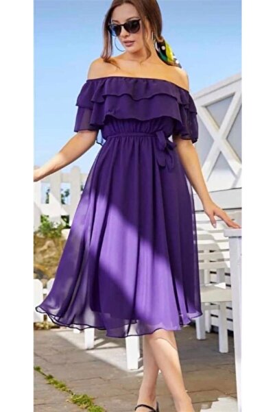 MACFLY Kadın Şifon Elbise Beli Kuşaklı Carmen Yaka