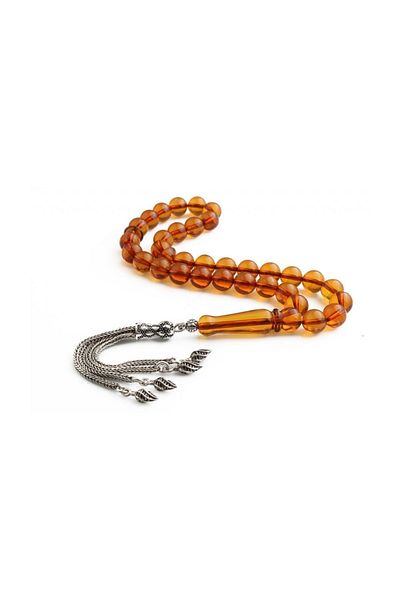Tesbihsepetim Original Drop Silver Prayer Beads - With Tassels and Amber Detail