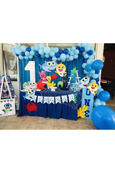 MERİ PARTİ 100 Pcs Light Blue-dark Blue Metallic Balloons and Balloon Chain Baby Shark Party Concept Birthday