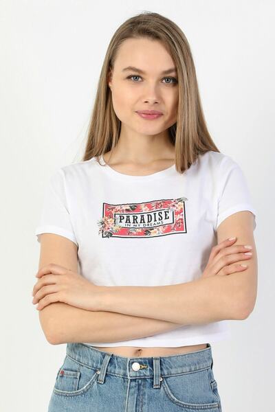 Colin's Slim Fit Crew Neck Knitted Women's White Short Sleeve T-Shirt