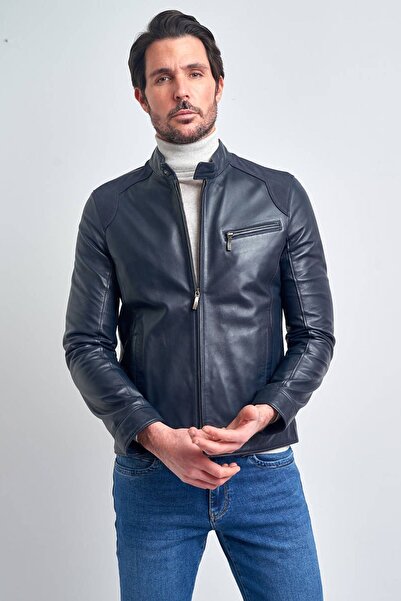 Pierre Cardin Erkek Lacivert Basic Kısa Deri Ceket