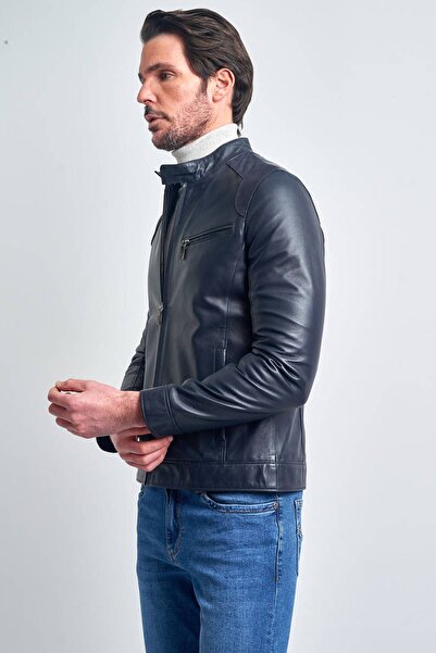 Pierre Cardin Erkek Lacivert Basic Kısa Deri Ceket