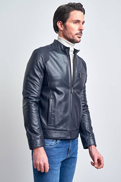 Pierre Cardin Erkek Lacivert Basic Kısa Deri Ceket