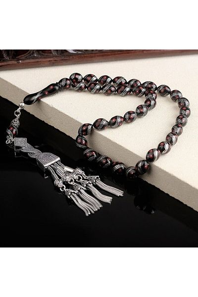 Tesbihsepetim Erzurum Oltu Rosary - Silver and Enamel Embroidered, Tasseled Silver