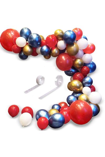 Çemrek Süs Parti Red Blue Gold Balloon Chain - 100 Balloon, 5 Mt Chain Apparatus and Balloon Pump