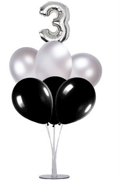 Çemrek Süs Parti Black Silver 3-Year-Old Balloon Stand - 1 Stand and 10 Metallic Balloons and 50 Cm Foil Balloons