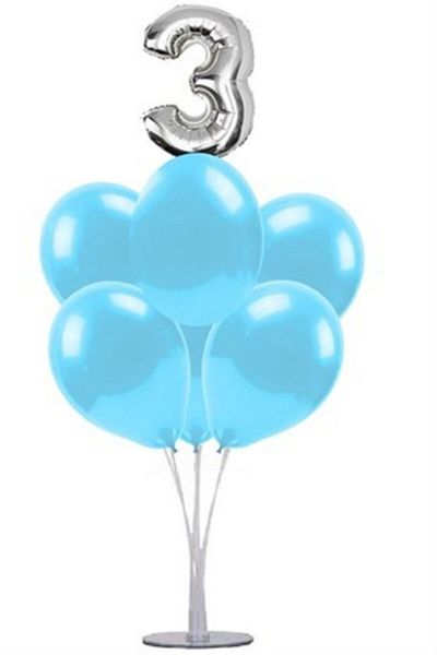 Çemrek Süs Parti Blue 3 Years Old Balloon Stand - 1 Stand and 10 Metallic Balloons and 50 Cm Foil Balloons