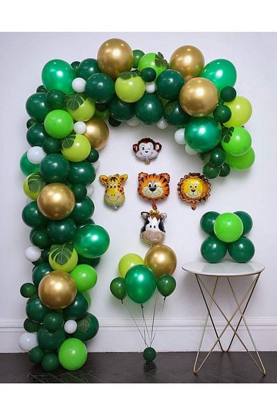 Çemrek Süs Parti Safari Green Balloon Chain 100 Pieces Balloon 5 Mt Chain Attachments, 5-Piece Foil Heads and Balloon Pump