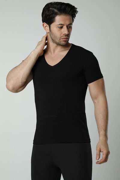 Hmd Men's Cotton Black V-Neck Undershirt & Wide Collar & Lycra Comfortable Texture