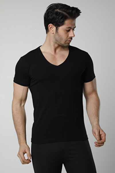 Hmd Men's Cotton Black V-Neck Undershirt & Wide Collar & Lycra Comfortable Texture
